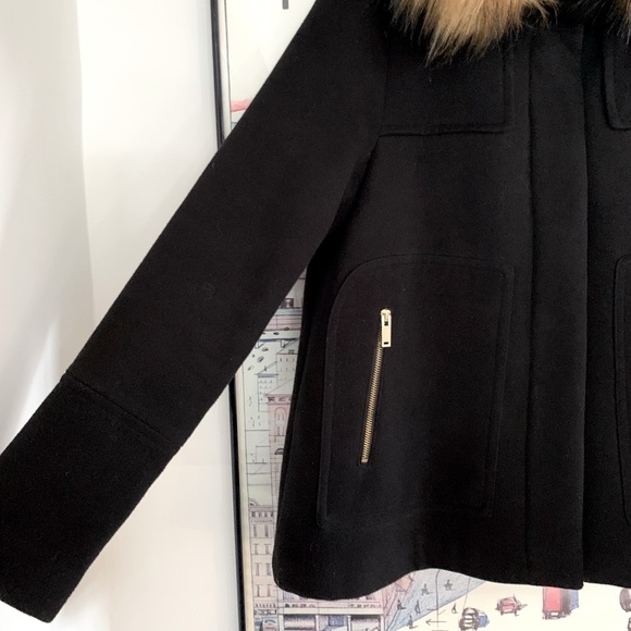 Zara black ‘wool’ jkt with brown faux fur hood (removable) gold zips size L - Picture 5 of 15